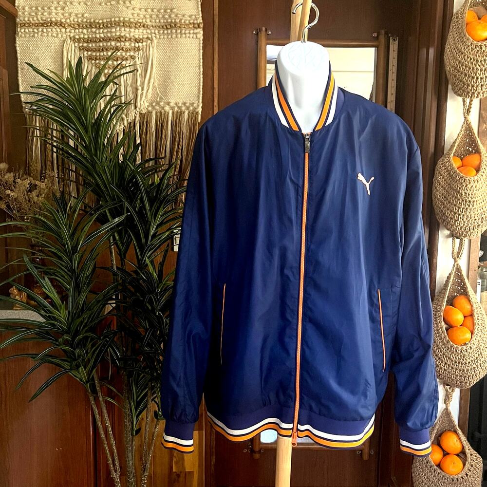 Puma Track Jacket 2XL Blue Orange Y2K Windbreaker Mesh Lined Full Zip Mens Logo